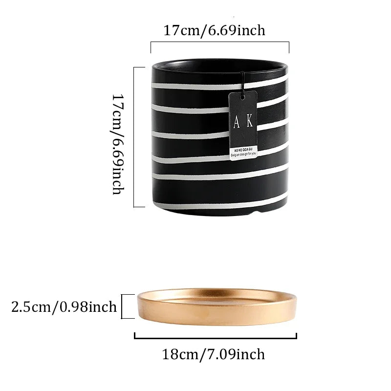 Black And White Striped Ceramic Flower Pot With Gold Tray