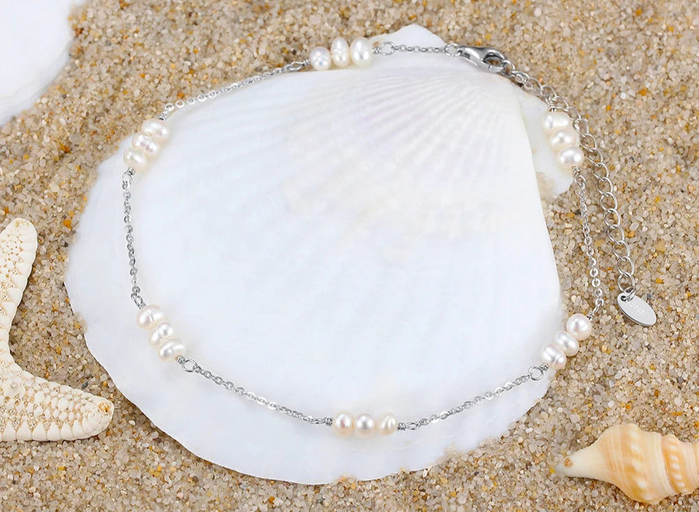 Freshwater Pearls & Chain Anklet (Sterling Silver)