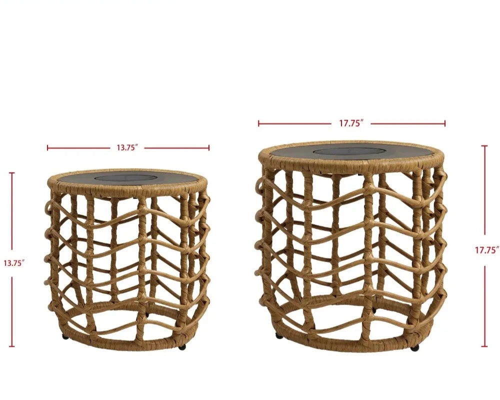 Boho Solar Nesting Tables with Built-in Lights - Set of 2, Weather-Resistant Wicker for Patio