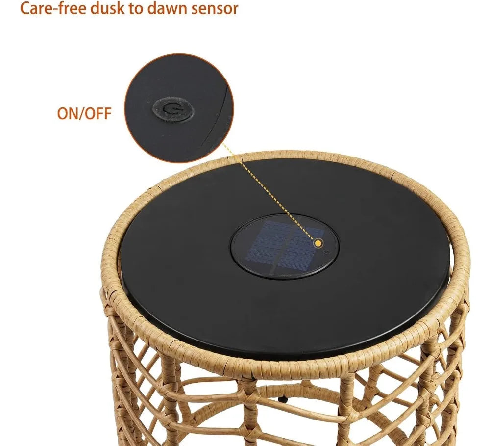 Boho Solar Nesting Tables with Built-in Lights - Set of 2, Weather-Resistant Wicker for Patio