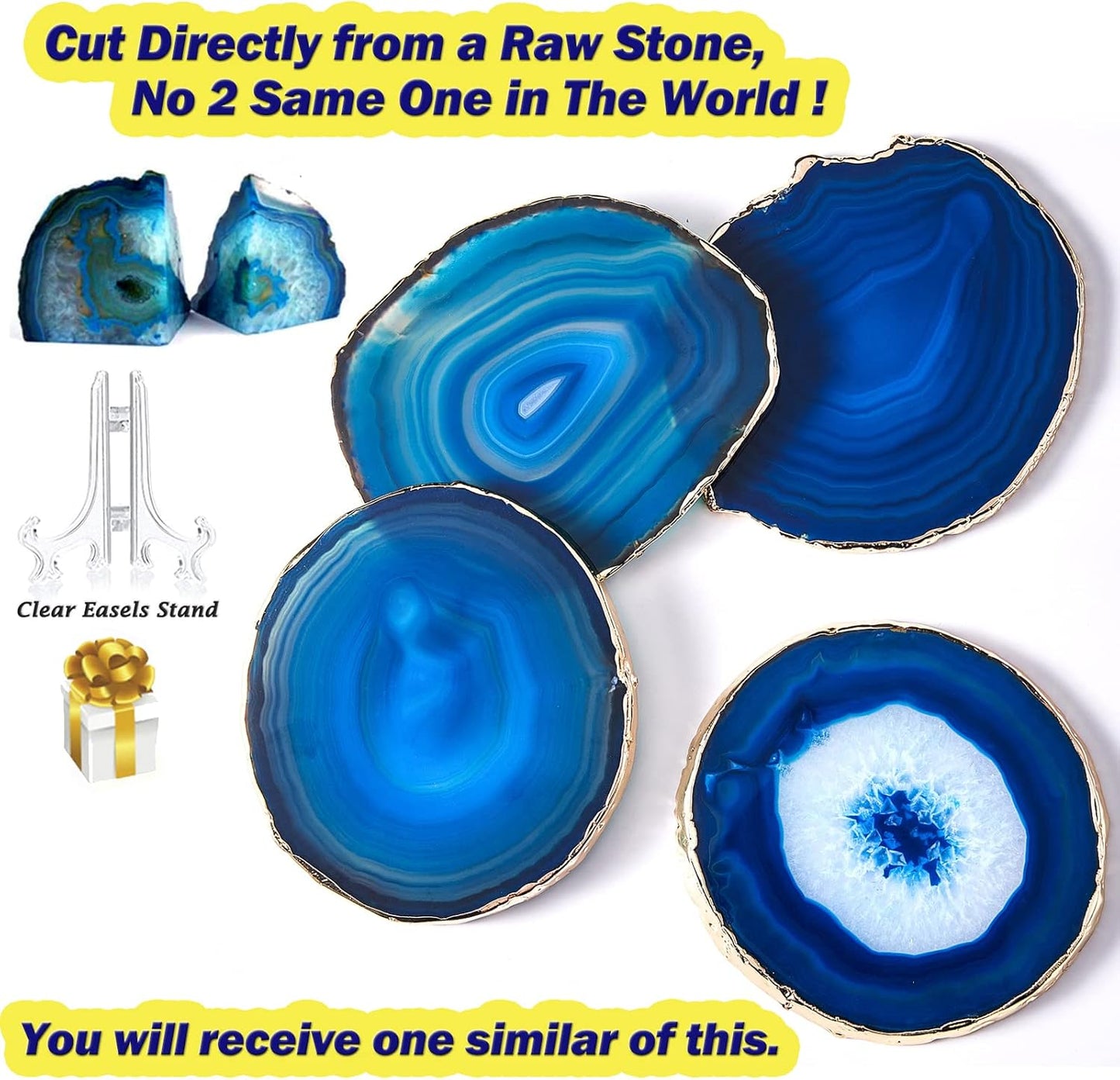 Blue Agate Coasters Set of 4,Brazilian Geode Coasters for Drinks with Gold Rim(4"-3.5"),Natural Gem Stone Coasters Blue,Gemstone Cup Mat for Home Decor by (4)