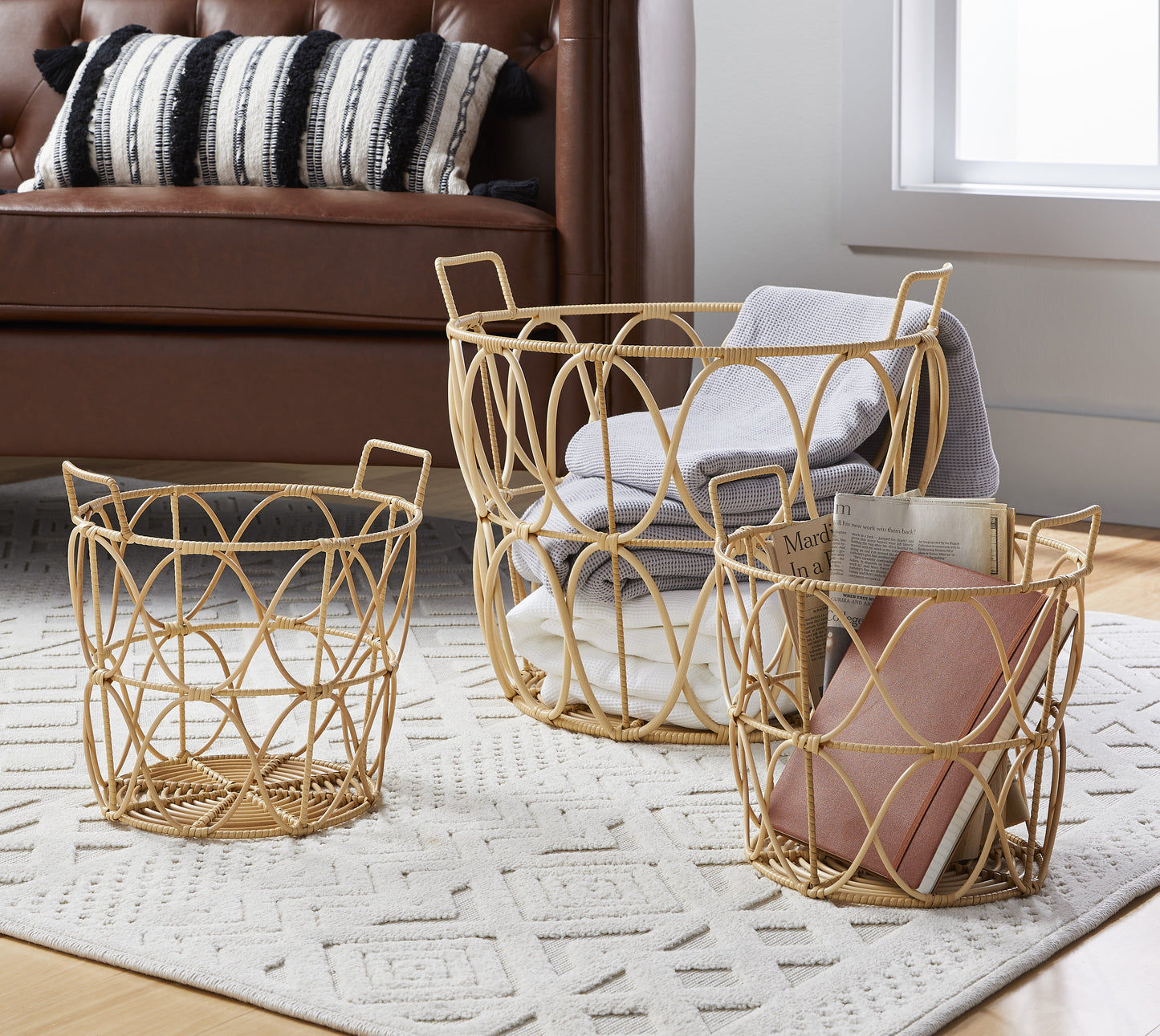 Medium Poly Rattan Open Weave Storage Basket with Handles, 2-Piece Set