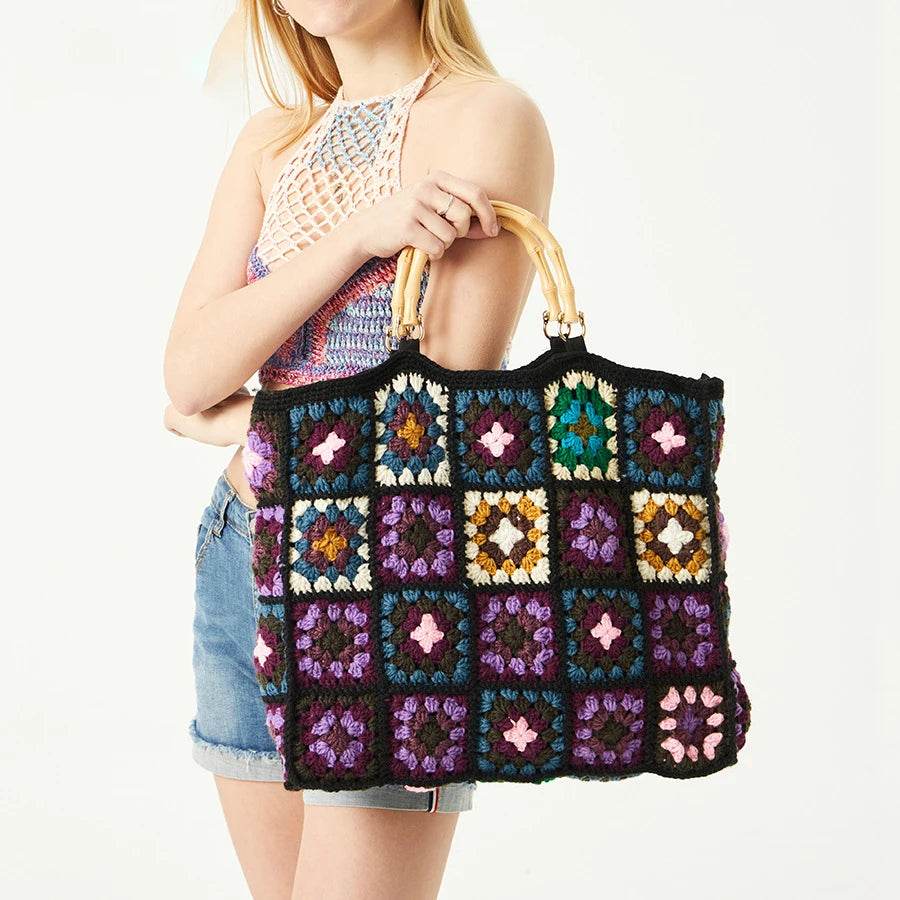 Crochet Square Tote Bag with Bamboo Handles