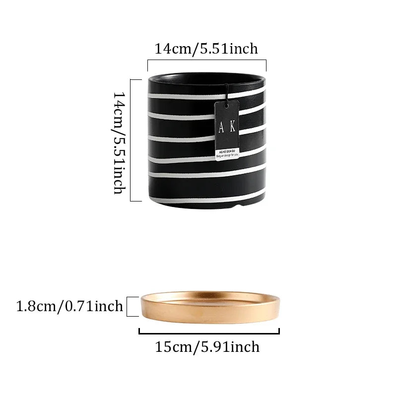 Black And White Striped Ceramic Flower Pot With Gold Tray