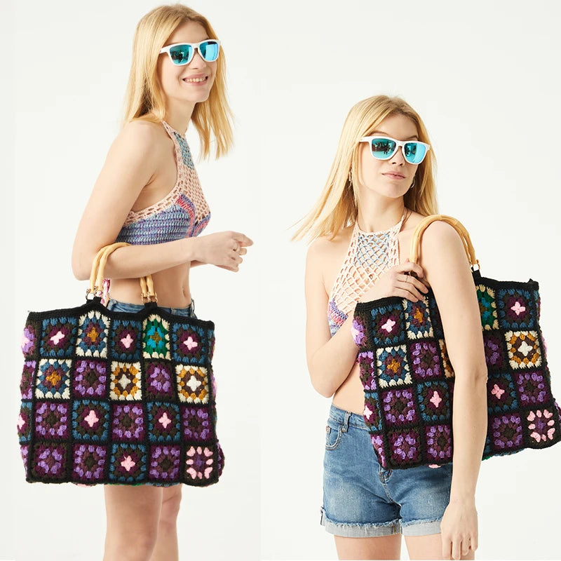 Crochet Square Tote Bag with Bamboo Handles
