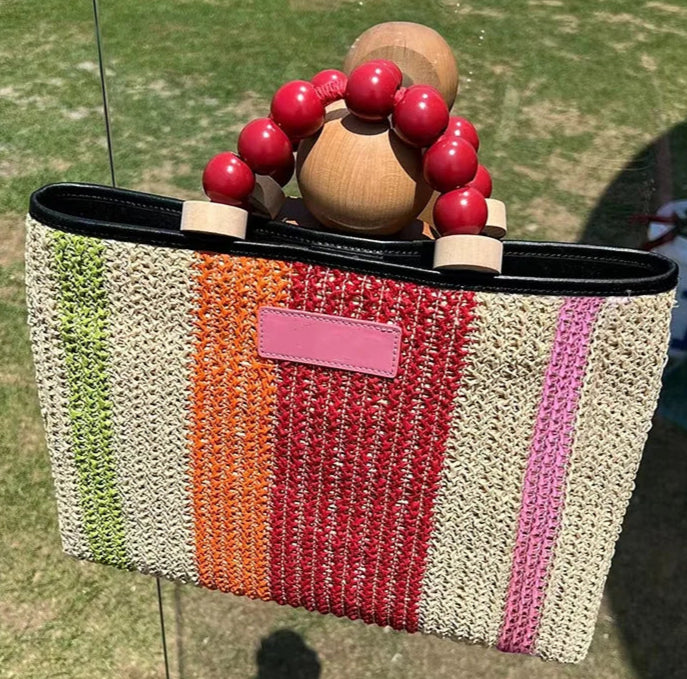 Straw Woven Handbag with Beaded Handle