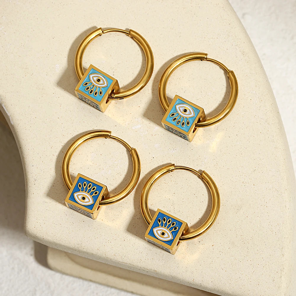 18K Gold Plated Enamel Evil Eye Cube Earrings