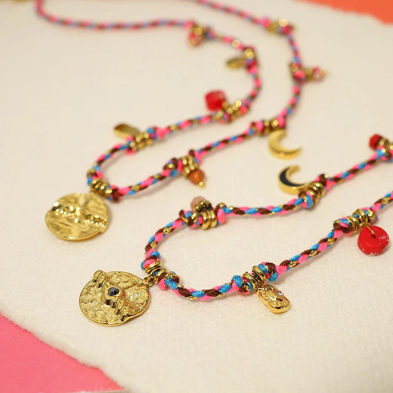 18k Gold-plated Stainless Steel Charm with Rope Necklace & Bracelet