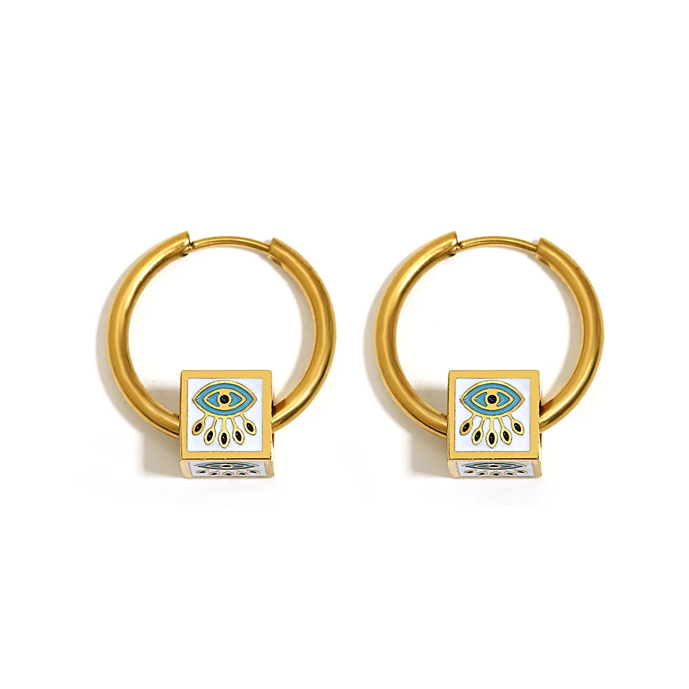 18K Gold Plated Enamel Evil Eye Cube Earrings