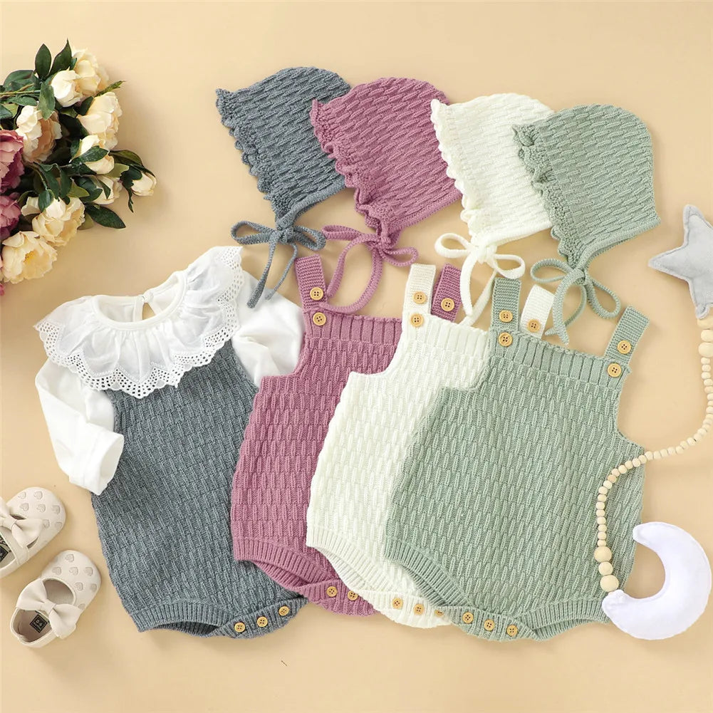 Hand Knitted Romper Clothes Set Onesie with Hats