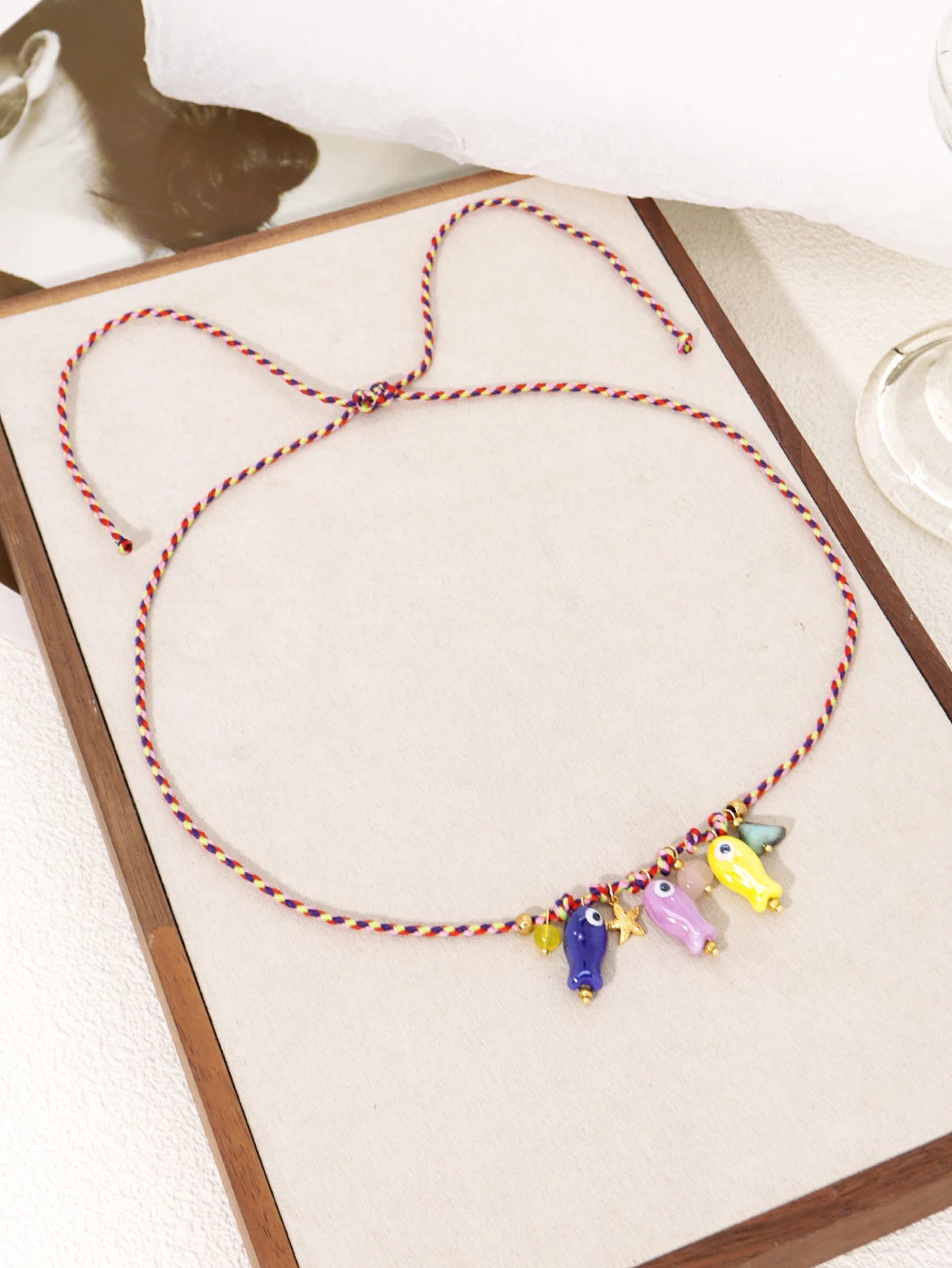 Ceramic Fish Charm & Adjustable Rope Necklace