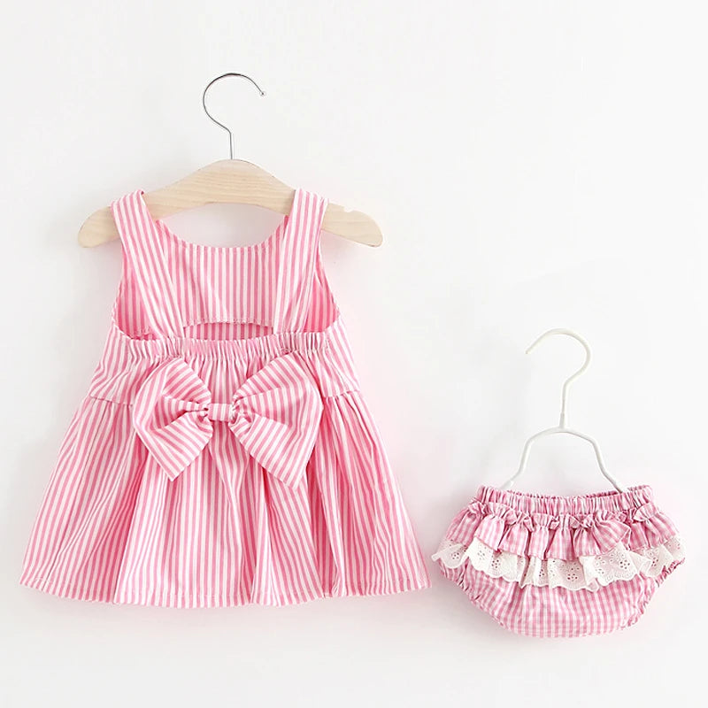 Baby Girls Sleeveless Dress & Bloomers Set (Blue or Pink)