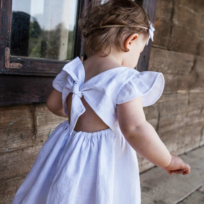 Girl's Linen Party Dress with Flutter Sleeves (5 color options)