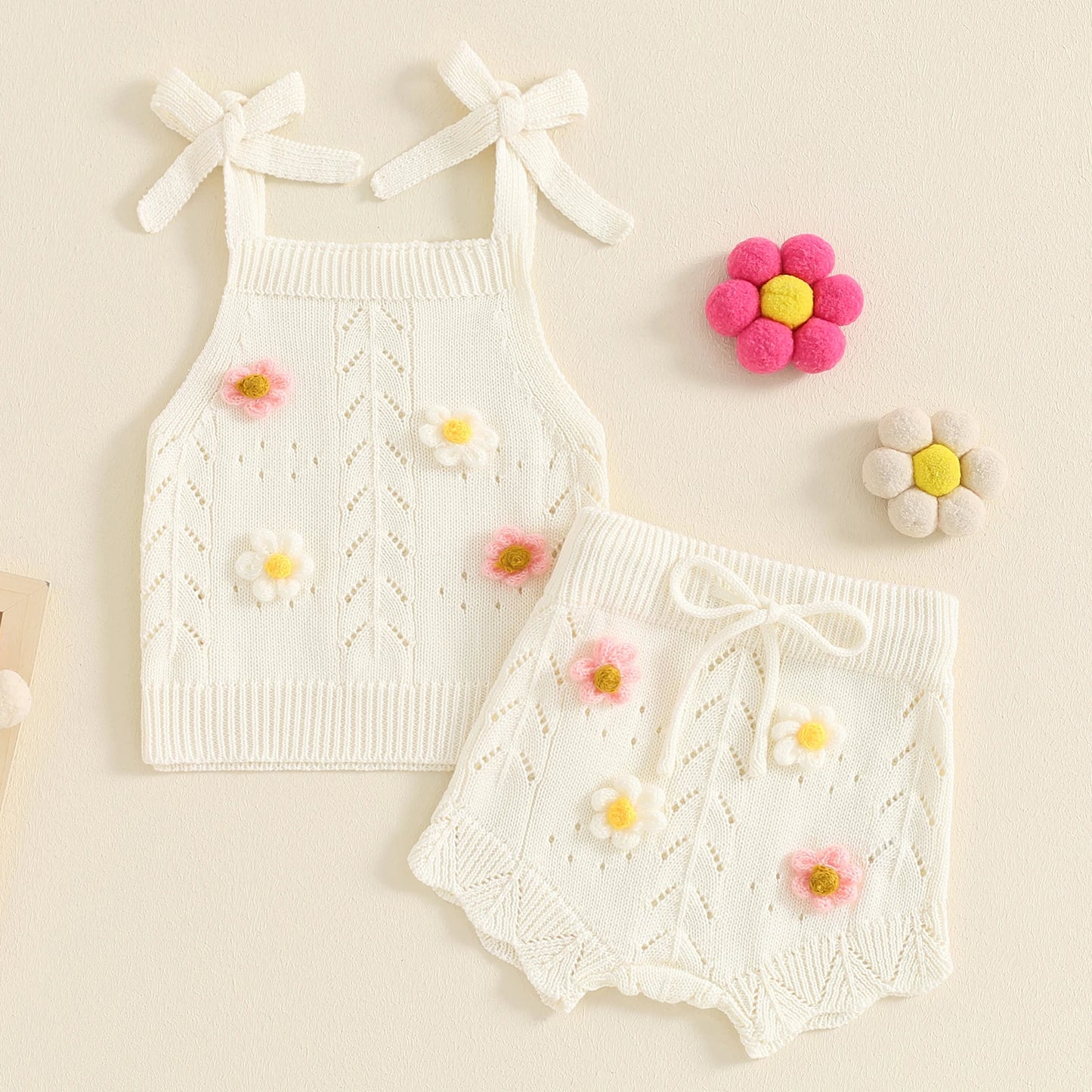 Girls Floral Knit Sleeveless Top & Shorts Set