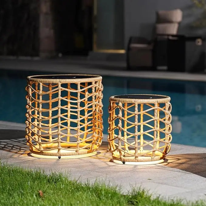 Boho Solar Nesting Tables with Built-in Lights - Set of 2, Weather-Resistant Wicker for Patio