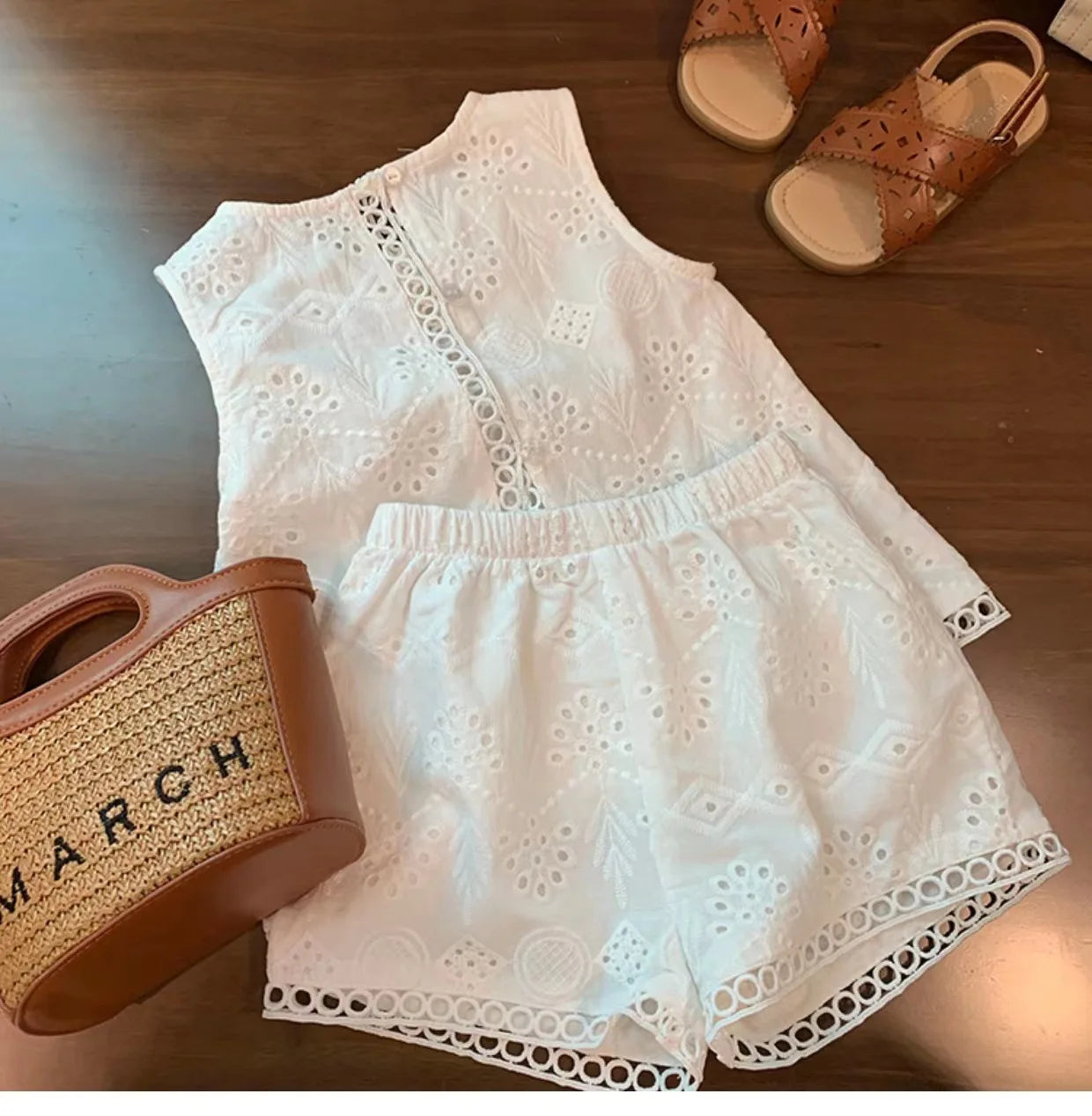 Girl's White Hollow Lace Two-piece Set