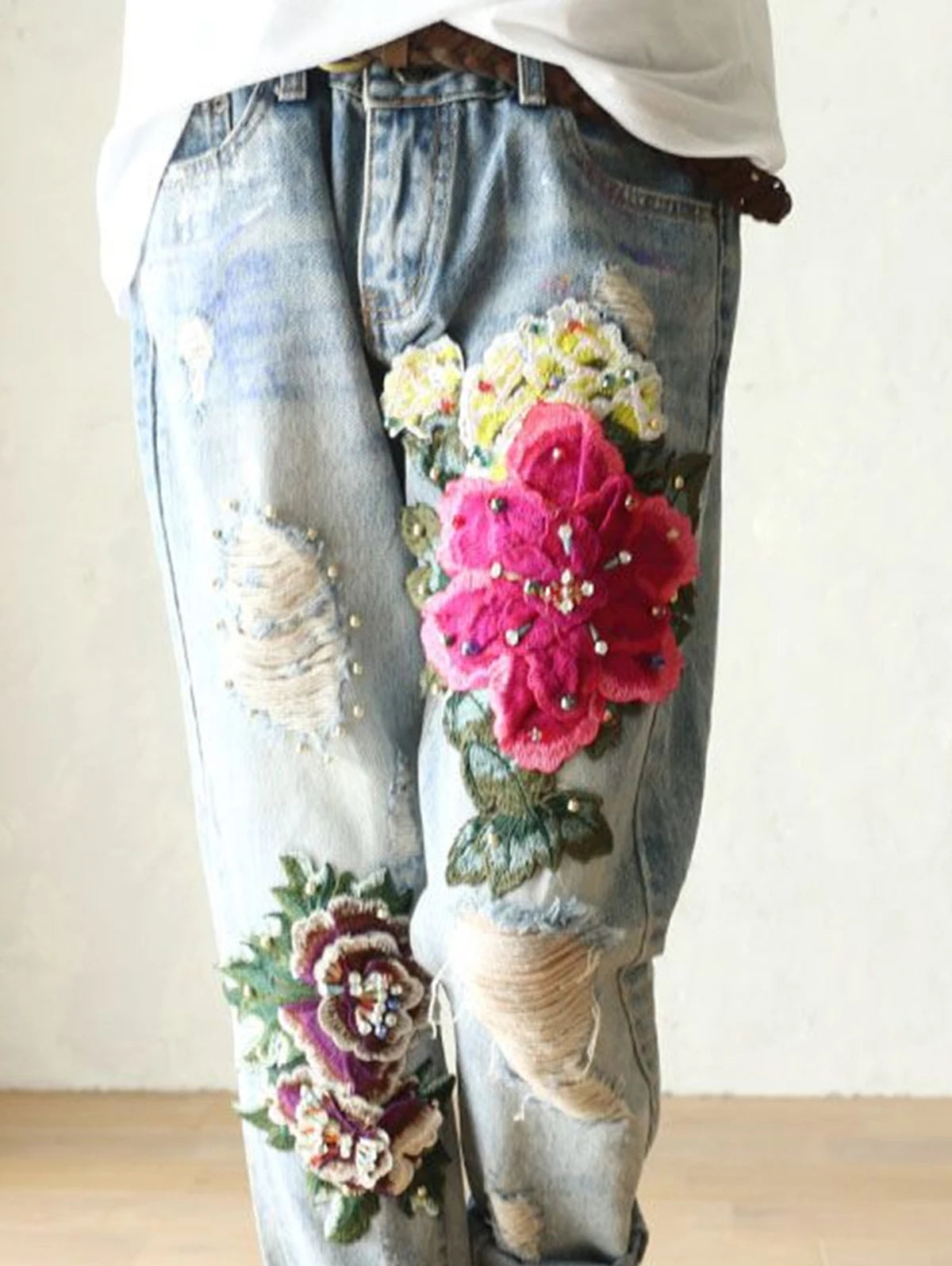 Floral Embroidery Denim Trousers