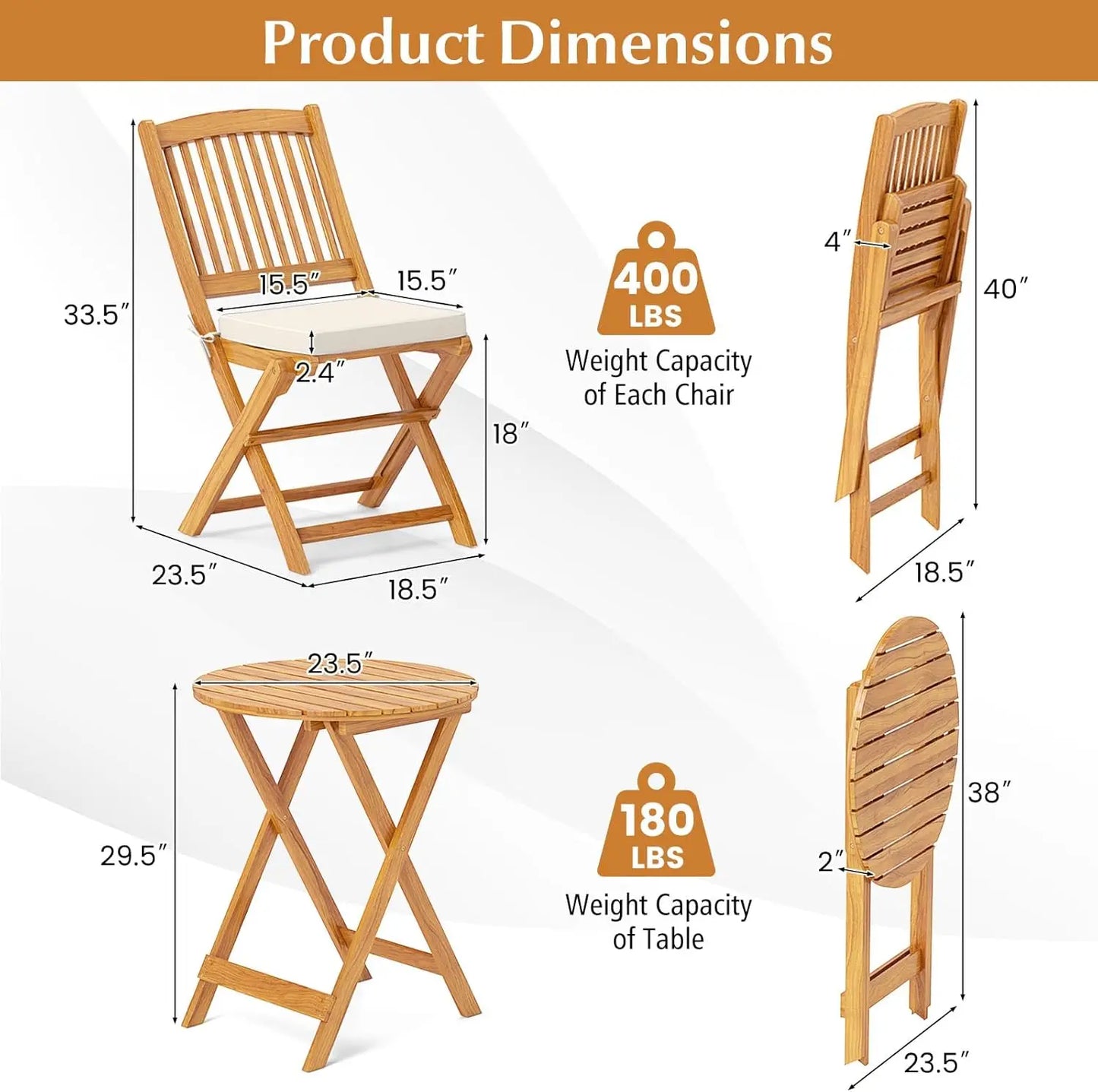 Acacia Wood Folding Bistro Set