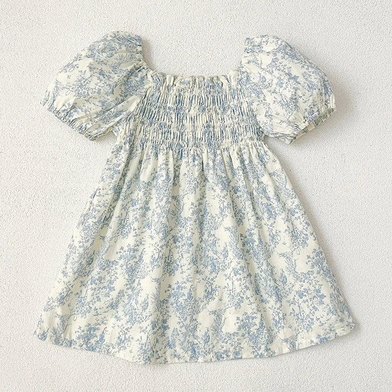 Girls Blue Flower Puff Sleeve Dress