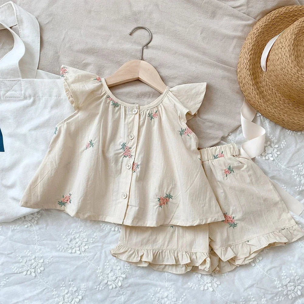 Girls' Embroidered Flower Print Two Piece Set