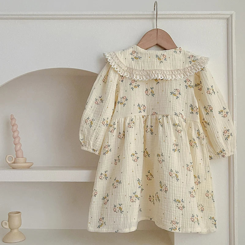 Girls Tiny Floral Cream Dress with Round Collar