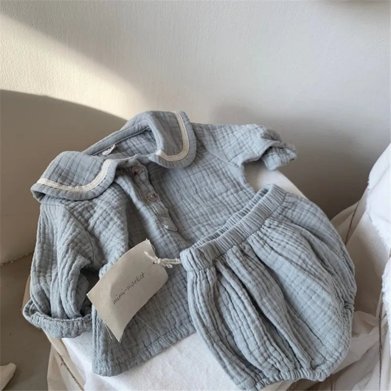 Baby Girl & Boy Muslin Organic Cotton Long Sleeve Top + Shorts Set