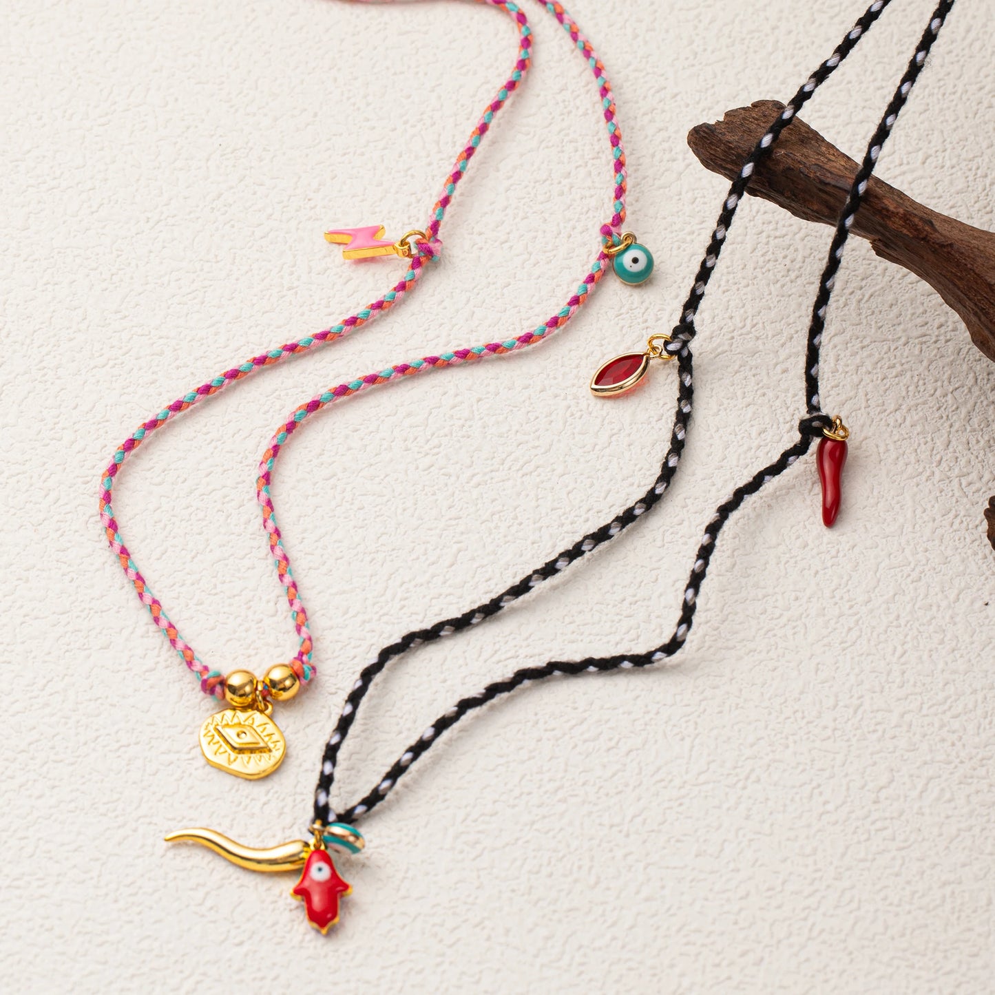 Woven Thread Evil Eye & Horn Necklaces