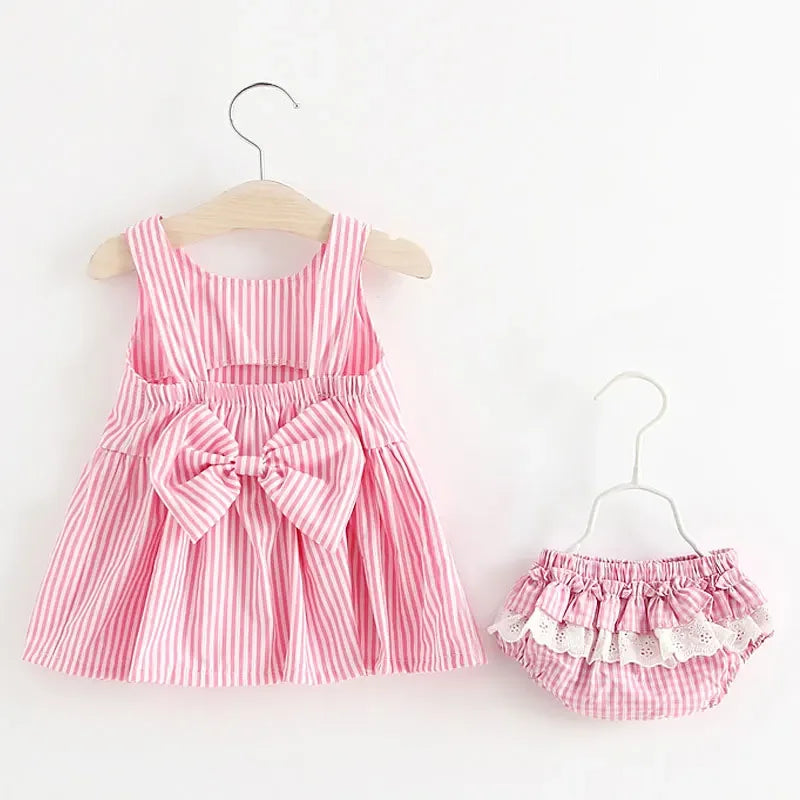 Baby Girls Sleeveless Dress & Bloomers Set (Blue or Pink)