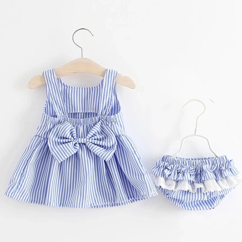 Baby Girls Sleeveless Dress & Bloomers Set (Blue or Pink)