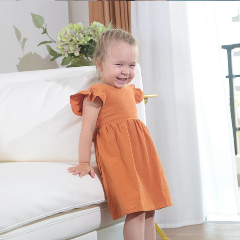 Girl's Linen Party Dress with Flutter Sleeves (5 color options)