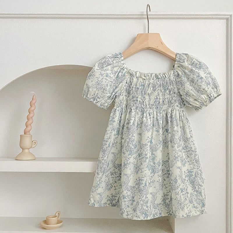 Girls Blue Flower Puff Sleeve Dress
