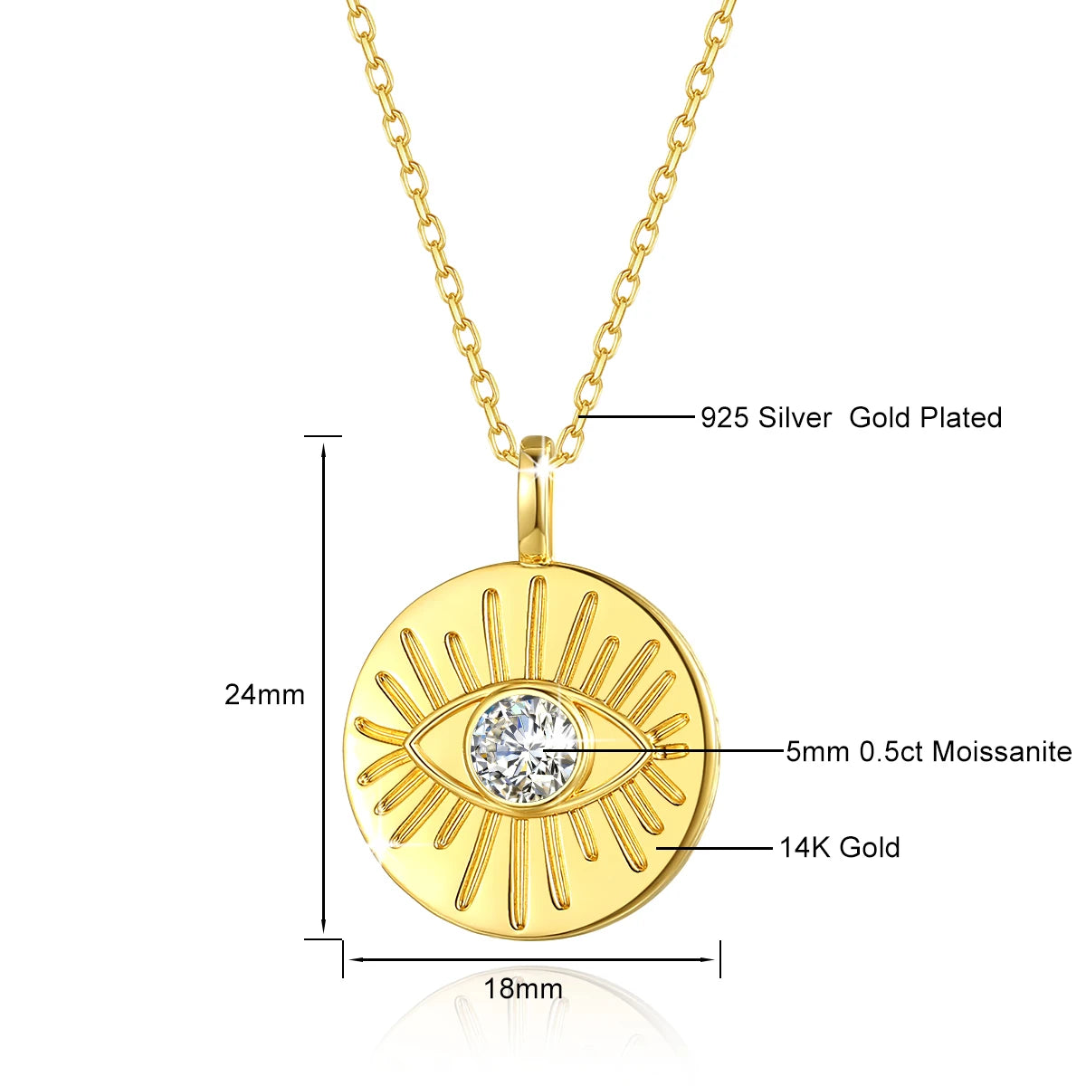 14K Gold Evil Eye Moissanite Pendant with Gold Plated Sterling Silver Chain