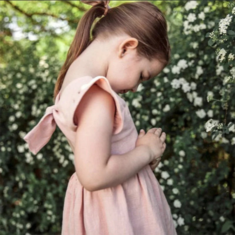 Girl's Linen Party Dress with Flutter Sleeves (5 color options)