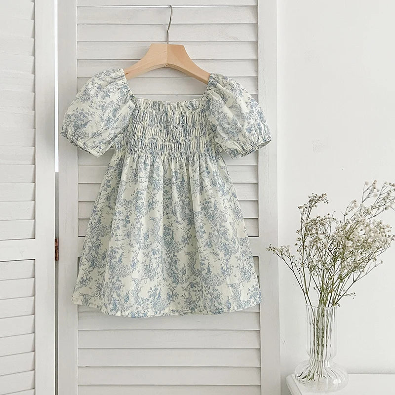 Girls Blue Flower Puff Sleeve Dress