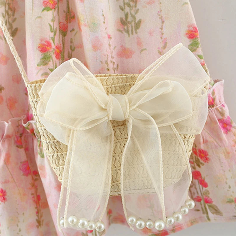 Girls Pink Floral Dress with Purse