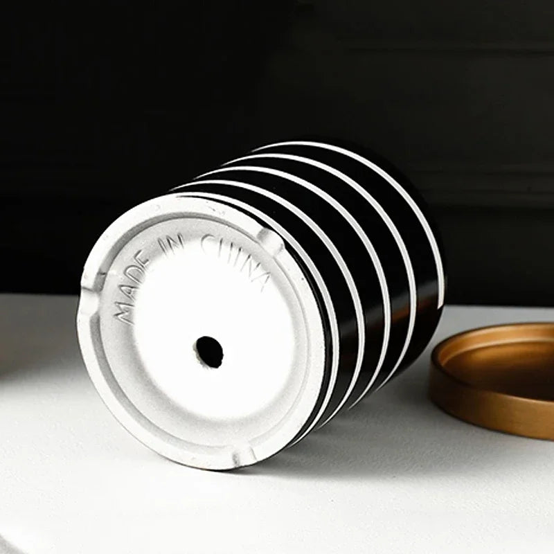 Black And White Striped Ceramic Flower Pot With Gold Tray