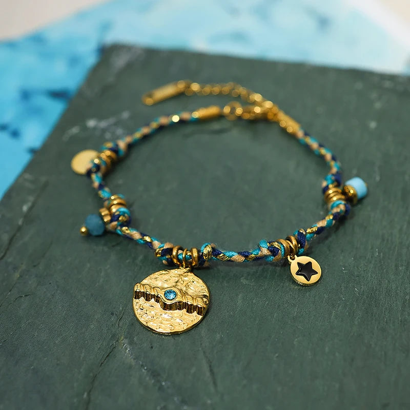 18k Gold-plated Stainless Steel Charm with Rope Necklace & Bracelet