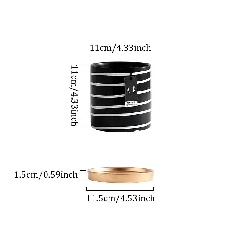 Black And White Striped Ceramic Flower Pot With Gold Tray