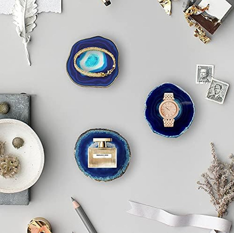 Blue Agate Coasters Set of 4,Brazilian Geode Coasters for Drinks with Gold Rim(4"-3.5"),Natural Gem Stone Coasters Blue,Gemstone Cup Mat for Home Decor by (4)