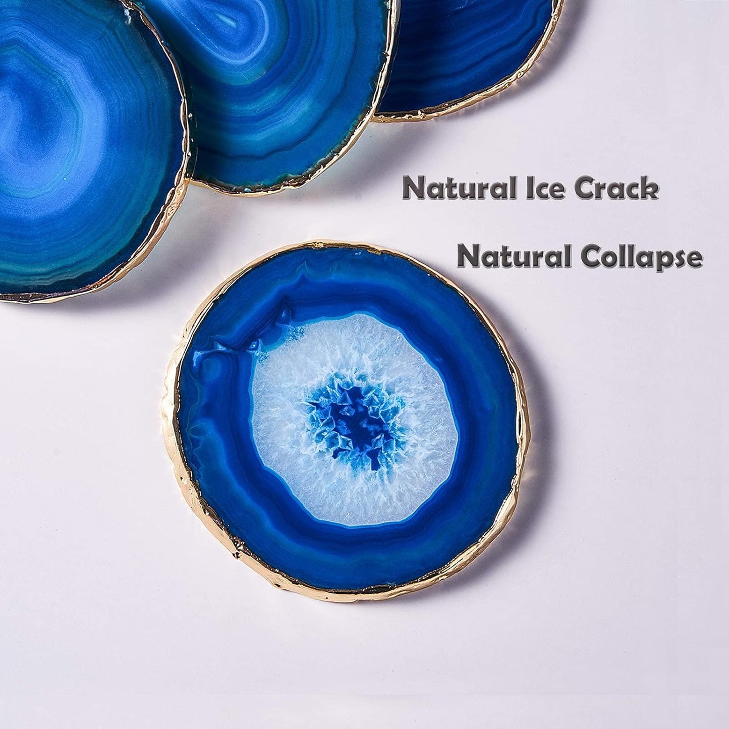 Blue Agate Coasters Set of 4,Brazilian Geode Coasters for Drinks with Gold Rim(4"-3.5"),Natural Gem Stone Coasters Blue,Gemstone Cup Mat for Home Decor by (4)