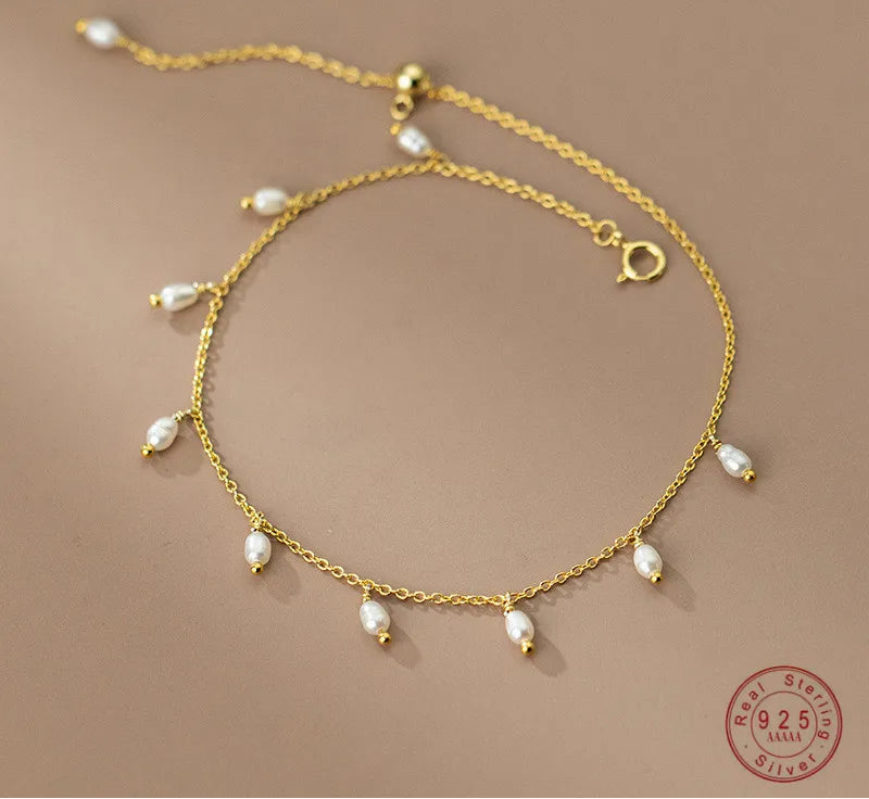 Sterling Silver Pearl Tassel Anklet