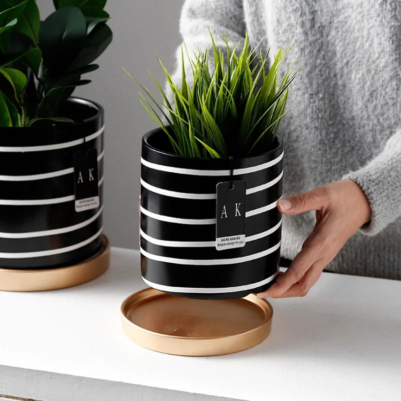 Black And White Striped Ceramic Flower Pot With Gold Tray
