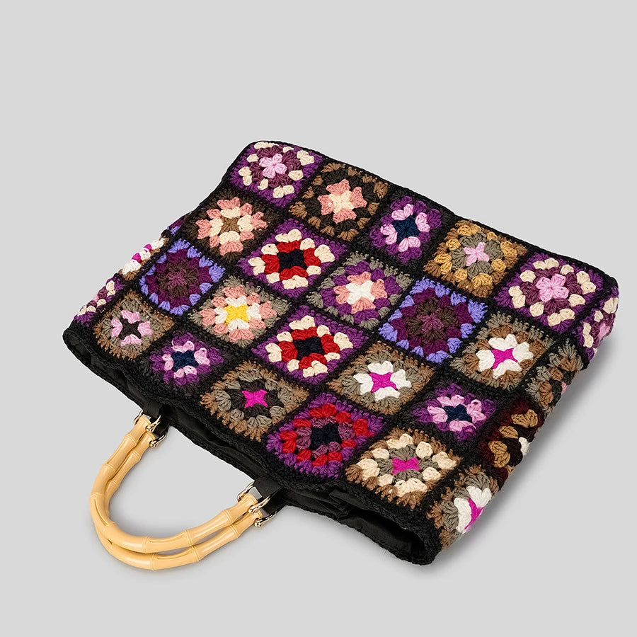 Crochet Square Tote Bag with Bamboo Handles