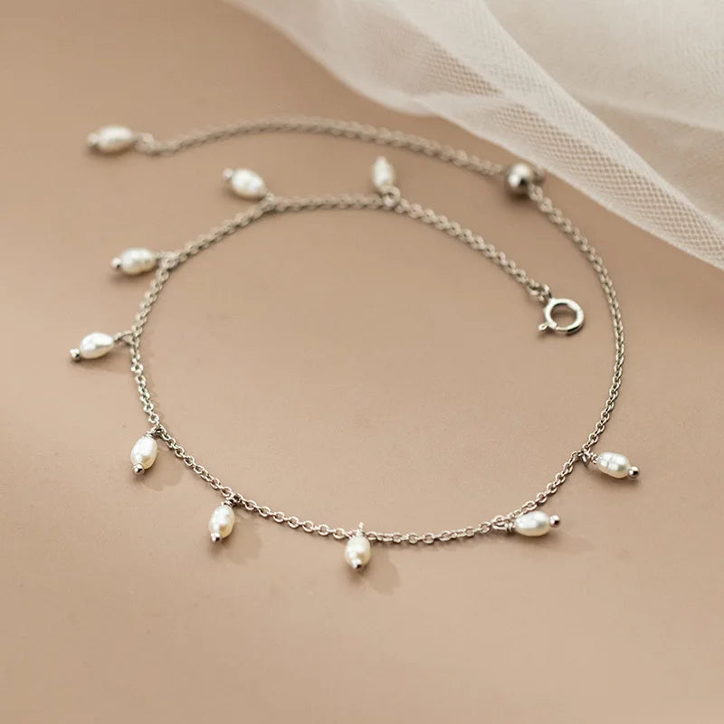 Sterling Silver Pearl Tassel Anklet
