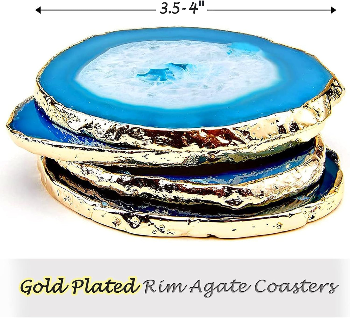 Blue Agate Coasters Set of 4,Brazilian Geode Coasters for Drinks with Gold Rim(4"-3.5"),Natural Gem Stone Coasters Blue,Gemstone Cup Mat for Home Decor by (4)