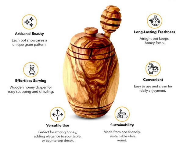 Olive Wood Honey Pot with Honey Dipper