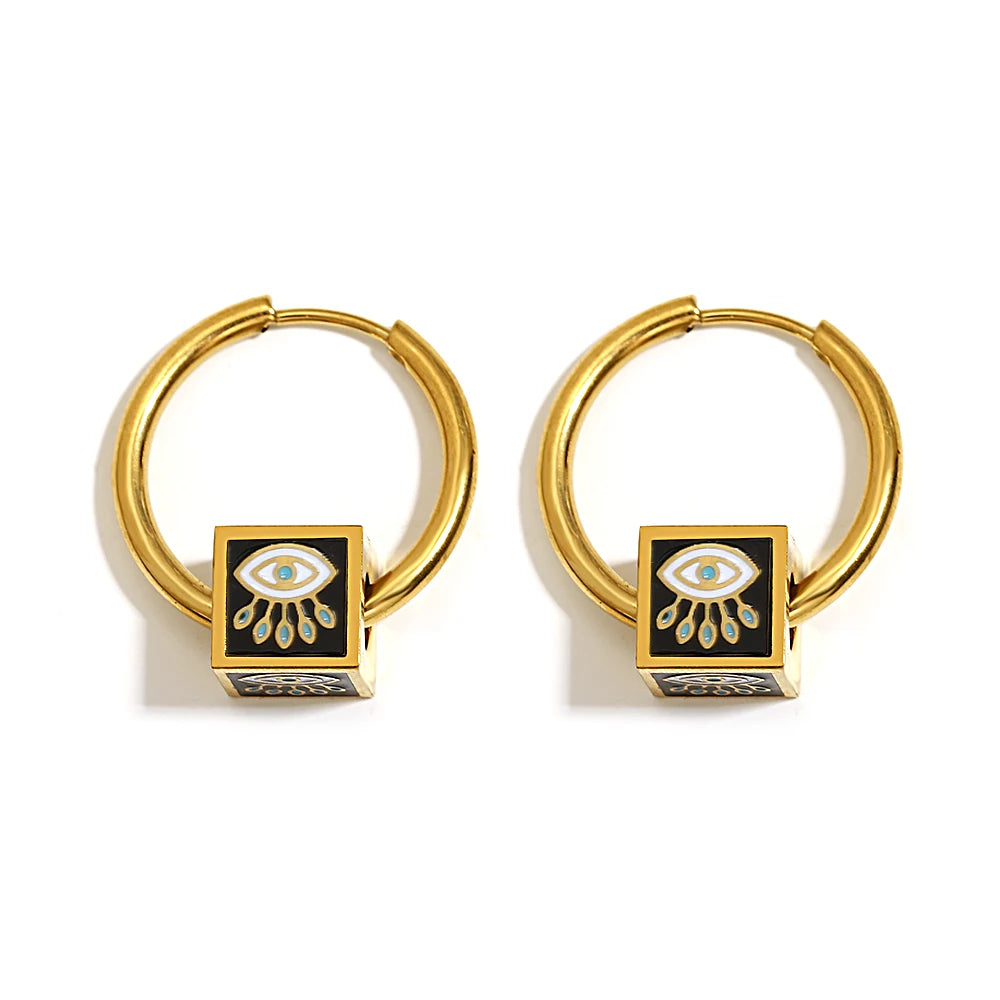 18K Gold Plated Enamel Evil Eye Cube Earrings