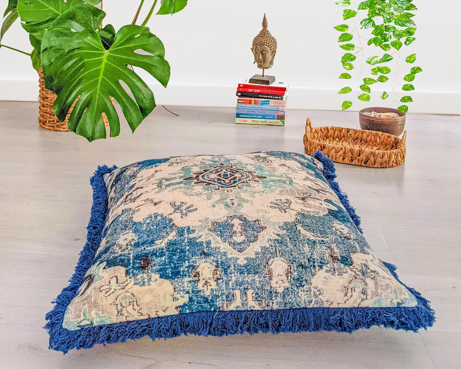 Square Meditation Pillow Cover with Fringes - 26 Inches - Printed Blue Cotton Boho Chic Cushion Case