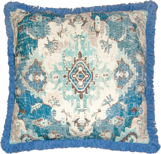 Square Meditation Pillow Cover with Fringes - 26 Inches - Printed Blue Cotton Boho Chic Cushion Case