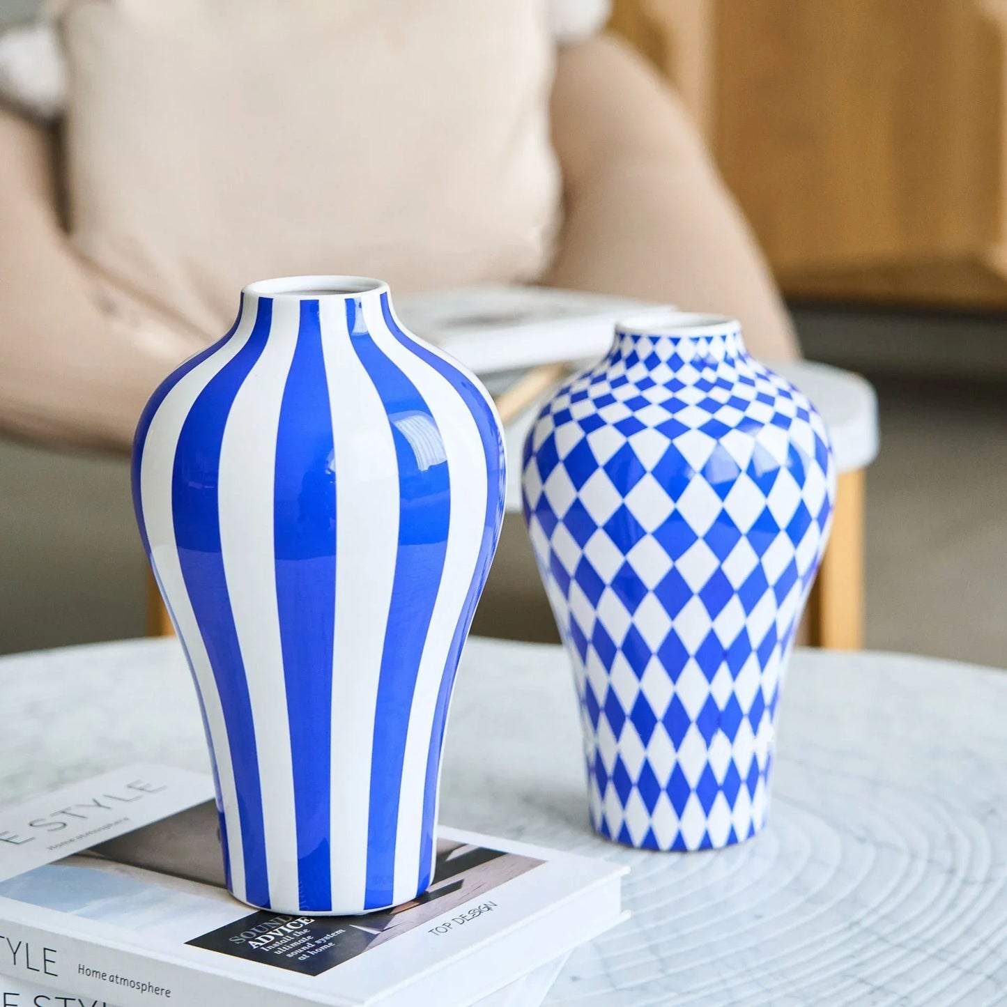 Blue & White Ceramic Vase (Striped, Checkered or Dotted)